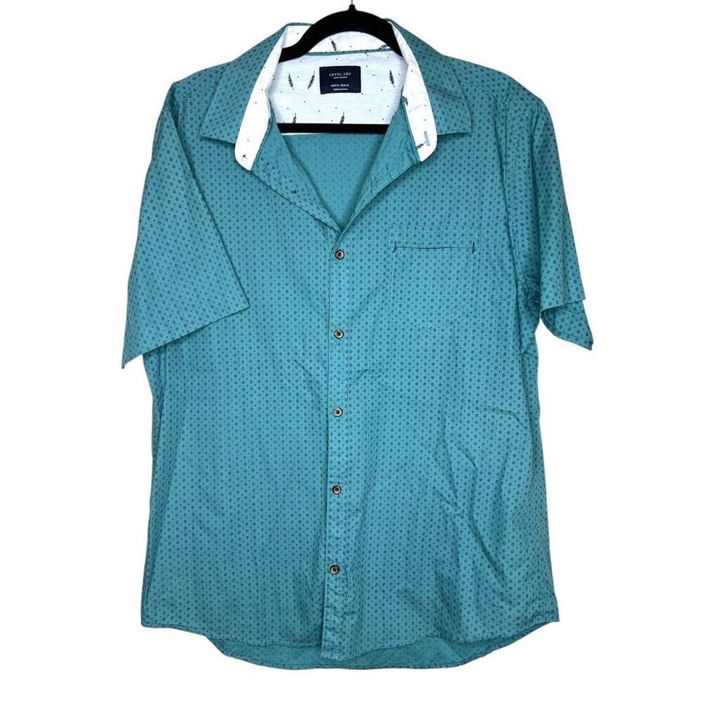 Level Ten Men’s XL Button-Up Shirt Teal Blue Geometric Print 100% Cotton Casual